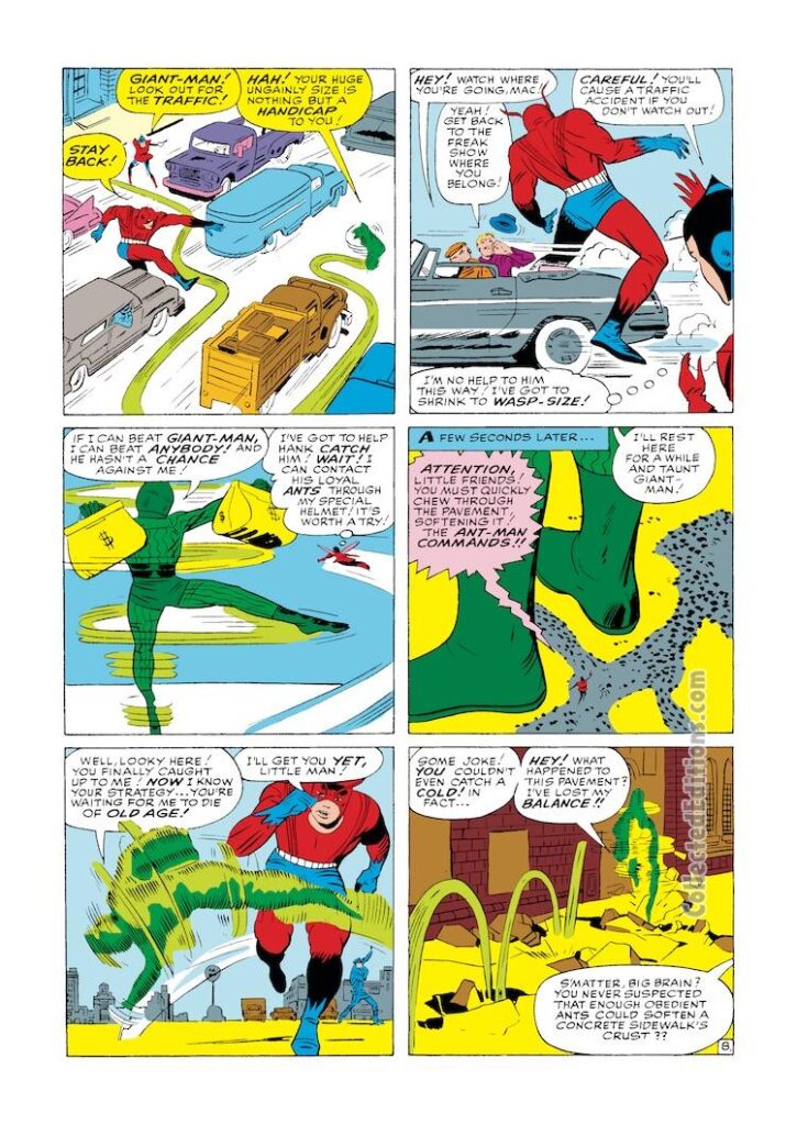 Tales to Astonish #50, pg. 8; pencils, Jack Kirby; inks, Steve Ditko; Human Top, Ant-Man/Giant-Man/Hank Pym, Wonderful Wasp, Janet Van Dyne