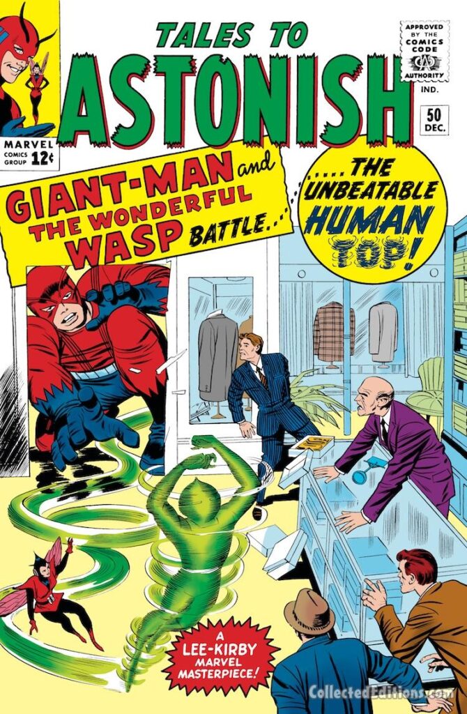 Tales to Astonish #50 cover; pencils, Jack Kirby; inks, Sol Brodsky; The Human Top, Giant-Man, the Wonderful Wasp, Janet Van Dyne, Stan Lee