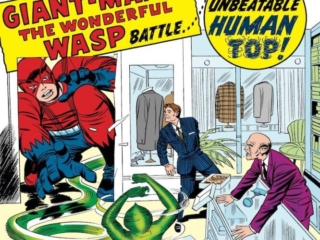 Tales to Astonish #50 cover; pencils, Jack Kirby; inks, Sol Brodsky, the Unbeatable Human Top, Ant-Man/Giant-Man/Hank Pym, Wonderful Wasp, Janet Van Dyne