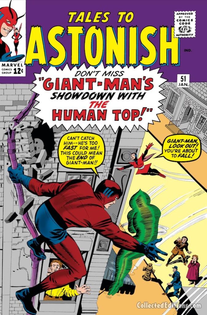 Tales to Astonish #51 cover; pencils, Jack Kirby; inks, George Roussos; Giant-Man, Hank Pym, Human Top, The Wasp