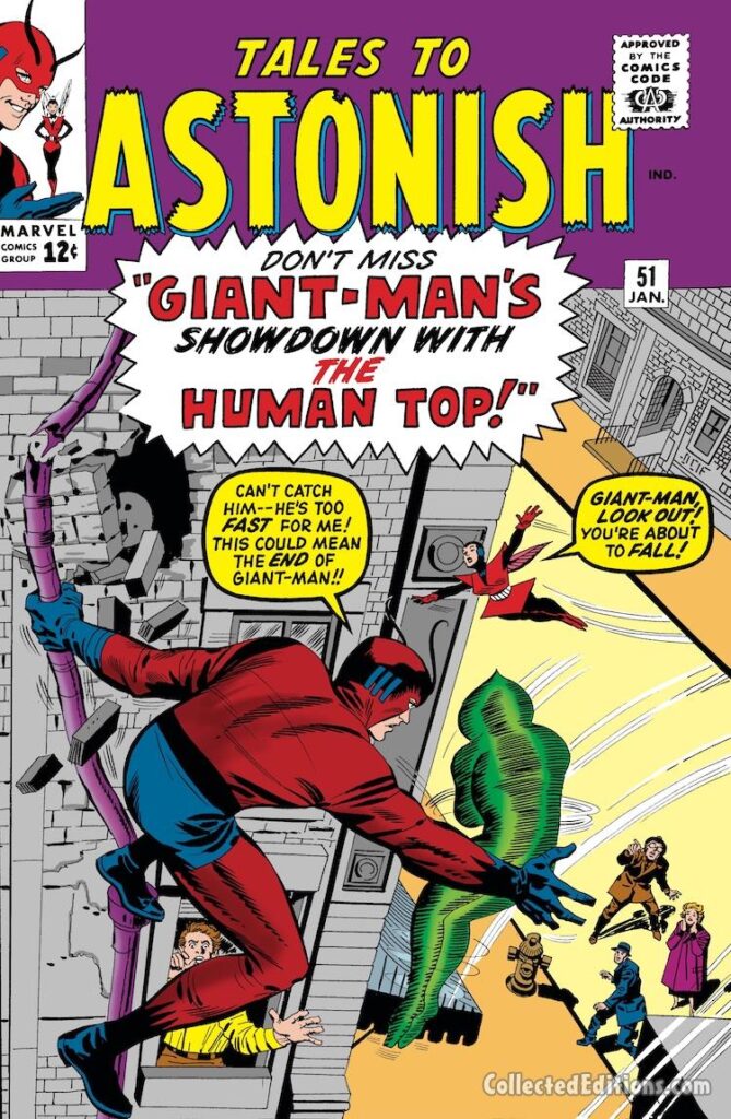 Tales to Astonish #51 cover; pencils, Jack Kirby; inks, George Roussos; The Human Top, Ant-Man/Giant-Man/Hank Pym, Wonderful Wasp, Janet Van Dyne