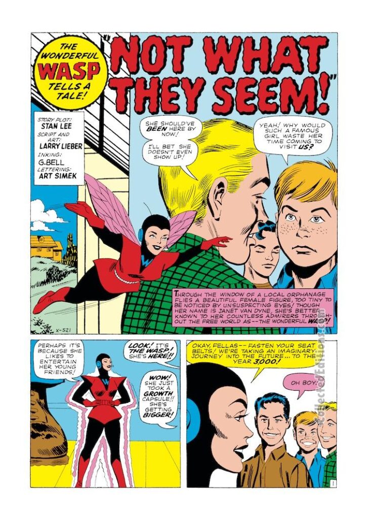 Tales to Astonish #52, pg. 19; pencils, Larry Lieber; inks, George Roussos; Ant-Man/Giant-Man/Hank Pym, Wonderful Wasp, Janet Van Dyne; "Not What They Seem"