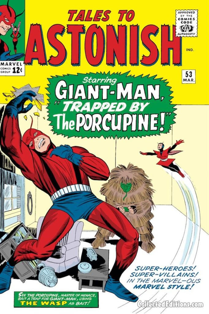 Tales to Astonish #53 cover; pencils, Jack Kirby; inks, Sol Brodsky; Trapped by the Porcupine, Ant-Man/Giant-Man/Hank Pym, Wasp, Janet Van Dyne