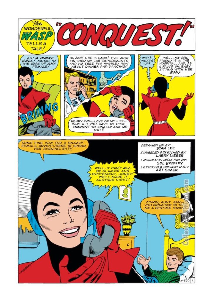 Tales to Astonish #54, pg. 20; pencils, Larry Leiber; inks, Sol Brodsky; Ant-Man/Giant-Man/Hank Pym, Wonderful Wasp, Janet Van Dyne; Conquest, backup story