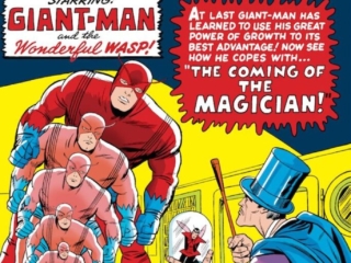 Tales to Astonish #56 cover; pencils, Jack Kirby; inks, Sol Brodsky; Ant-Man/Giant-Man/Hank Pym, Wasp, Janet Van Dyne; The Coming of the Magician