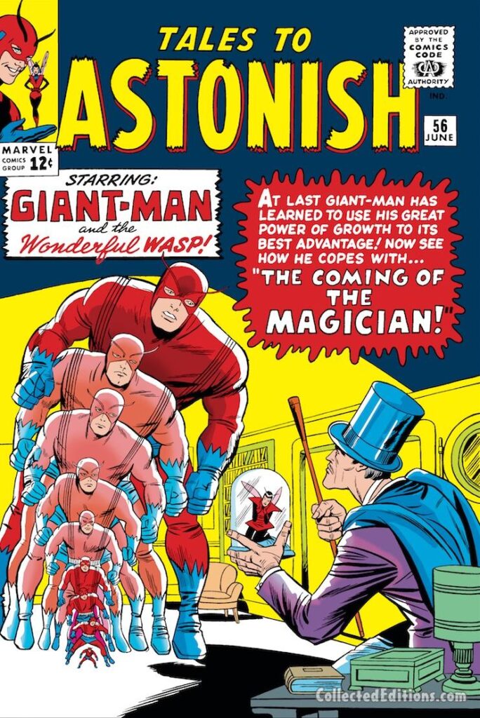 Tales to Astonish #56 cover; pencils, Jack Kirby; inks, Sol Brodsky; Ant-Man/Giant-Man/Hank Pym, Wasp, Janet Van Dyne; The Coming of the Magician