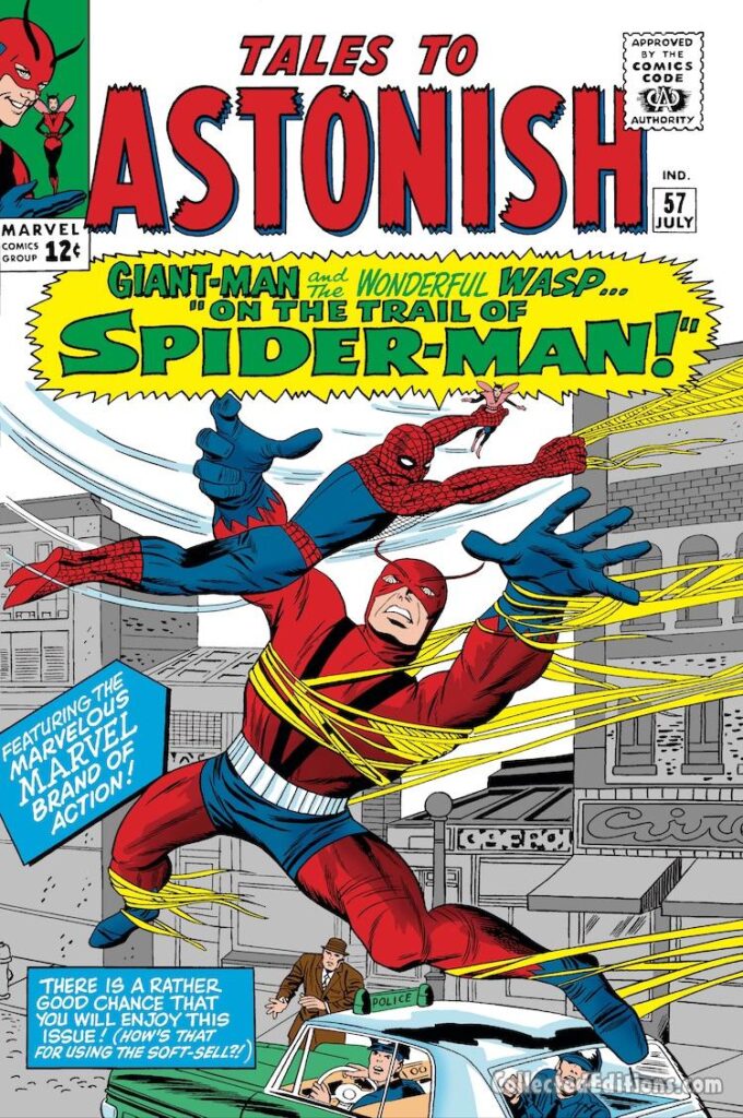 Tales to Astonish #57 cover; pencils, Jack Kirby; inks, Sol Brodsky; Ant-Man/Giant-Man/Hank Pym, Wonderful Wasp, Janet Van Dyne; On the Trail of Spider-Man