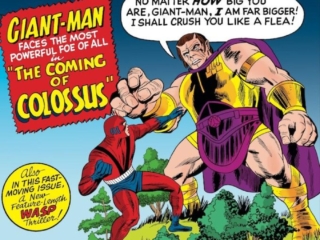Tales to Astonish #58 cover; pencils, Jack Kirby; inks, Sol Brodsky; Ant-Man/Giant-Man/Hank Pym, Wonderful Wasp, Janet Van Dyne; The Coming of Colossus