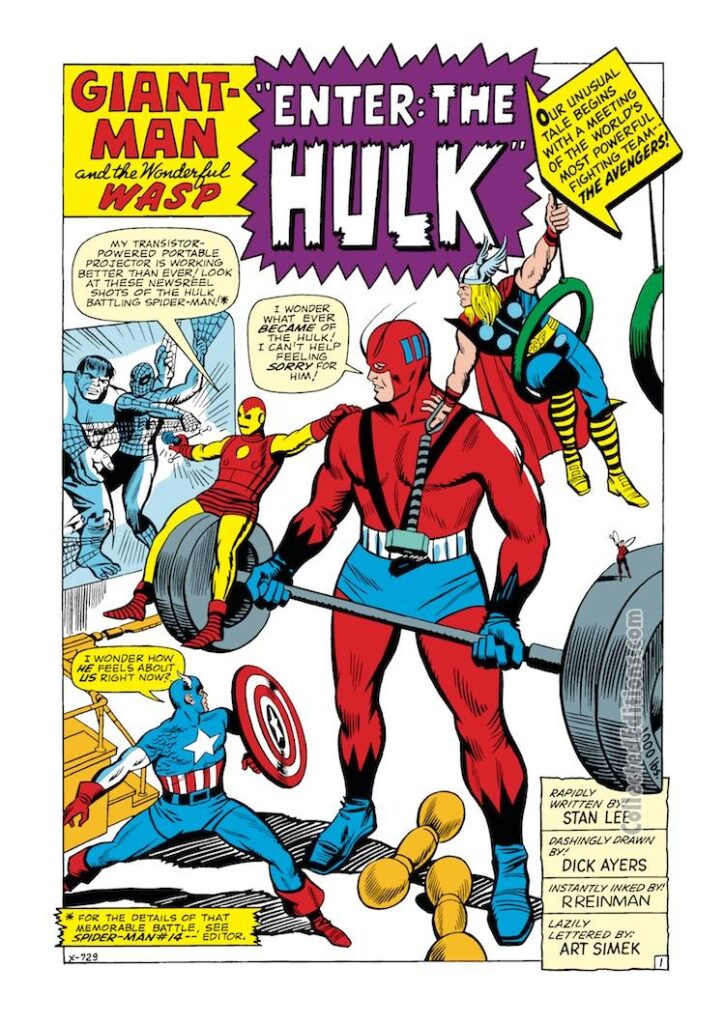 Tales to Astonish #59, pg. 1; pencils, Dick Ayers; inks, Paul Reinman; Ant-Man/Giant-Man/Hank Pym, Wonderful Wasp, Janet Van Dyne; Enter: The Hulk; Iron Man; Captain America, Thor, Avengers, splash page, Stan Lee, crossover, Incredible Hulk