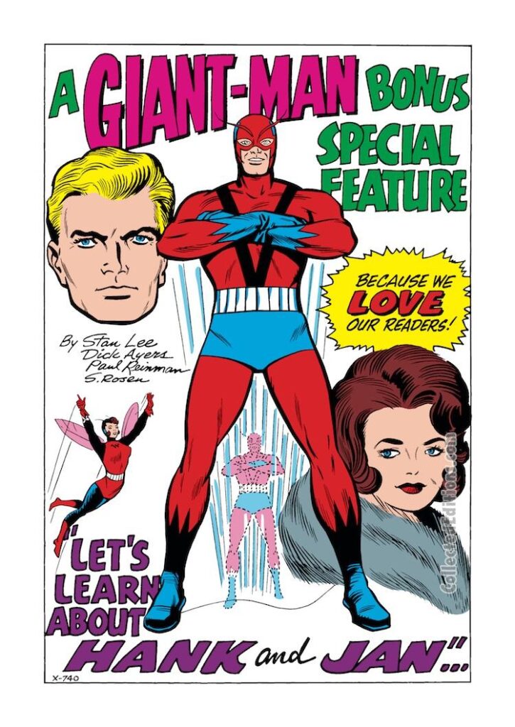Tales to Astonish #59, pg. 20; pencils, Dick Ayers; inks, Paul Reinman; A Giant-Man Bonus Special Feature by Stan Lee; Let's Learn About Hank and Jan, Ant-Man/Giant-Man/Hank Pym, Wonderful Wasp, Janet Van Dyne