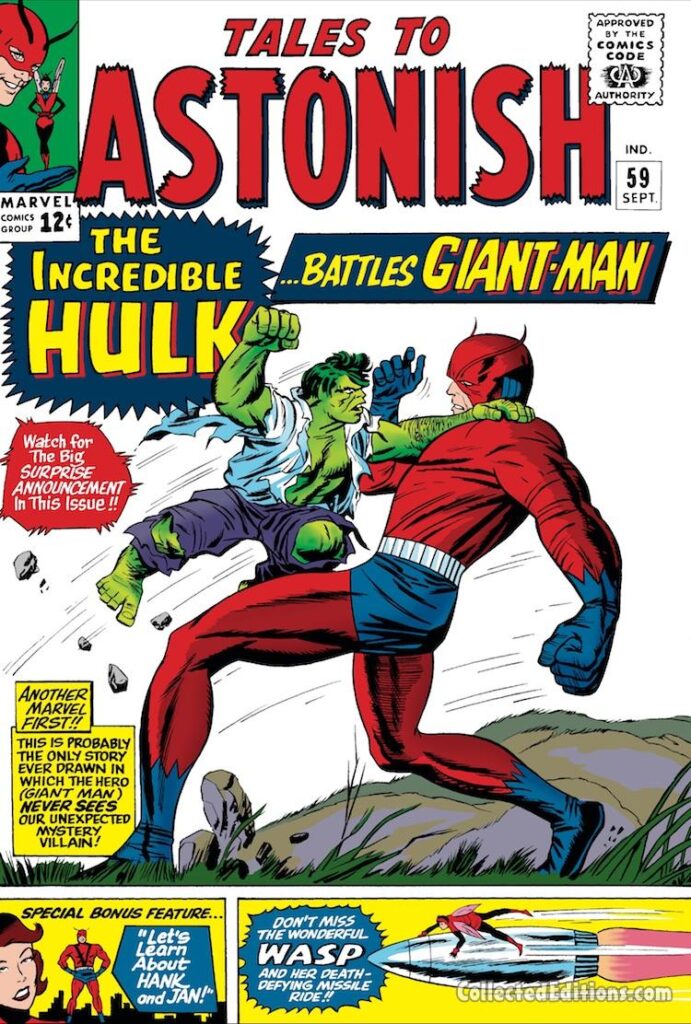 Tales to Astonish #60 cover; pencils, Jack Kirby; inks, Sol Brodsky; Ant-Man/Giant-Man/Hank Pym, Wonderful Wasp, Janet Van Dyne; Incredible Hulk crossover; Let's Learn about Jan and Hank