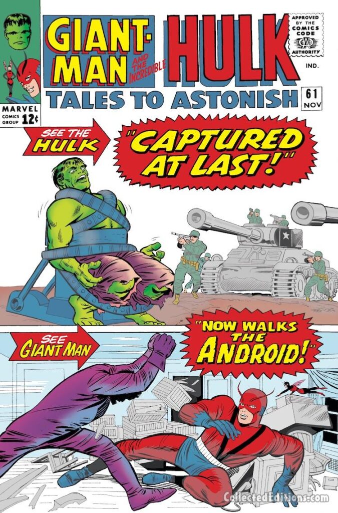 Tales to Astonish #61 cover; pencils, Jack Kirby; inks, Chic Stone; Ant-Man/Giant-Man/Hank Pym, Wonderful Wasp, Janet Van Dyne; Now Walks the Android