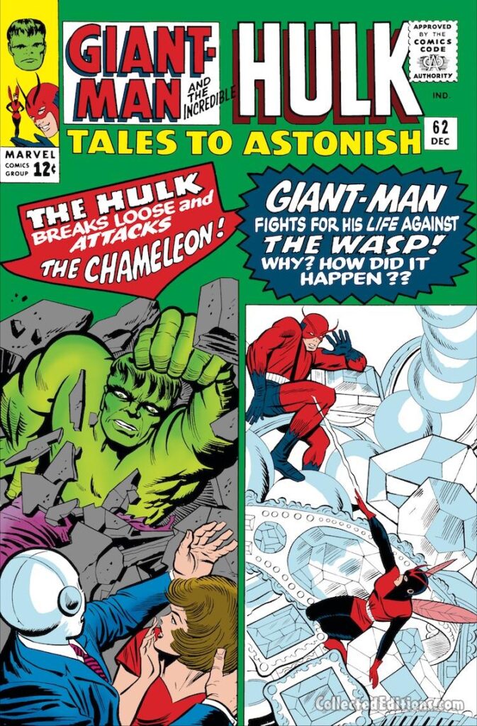 Tales to Astonish #62 cover; pencils, Jack Kirby; inks, Chic Stone; Ant-Man/Giant-Man/Hank Pym, Wonderful Wasp, Janet Van Dyne;
