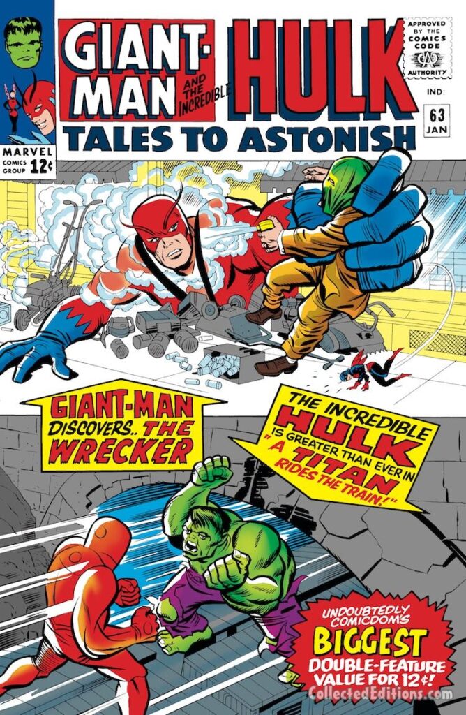 Tales to Astonish #63 cover; pencils, Jack Kirby; inks, Chic Stone; Ant-Man/Giant-Man/Hank Pym, Wonderful Wasp, Janet Van Dyne; Giant-Man Discovers the Wrecker