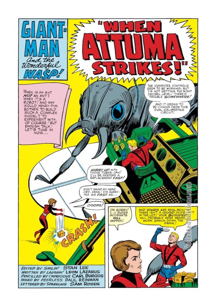 Tales to Astonish #64, pg. 1; pencils, Carl Burgos; inks, Paul Reinman; Ant-Man/Giant-Man/Hank Pym, Wonderful Wasp, Janet Van Dyne; When Attuma Strikes; Giant Ant