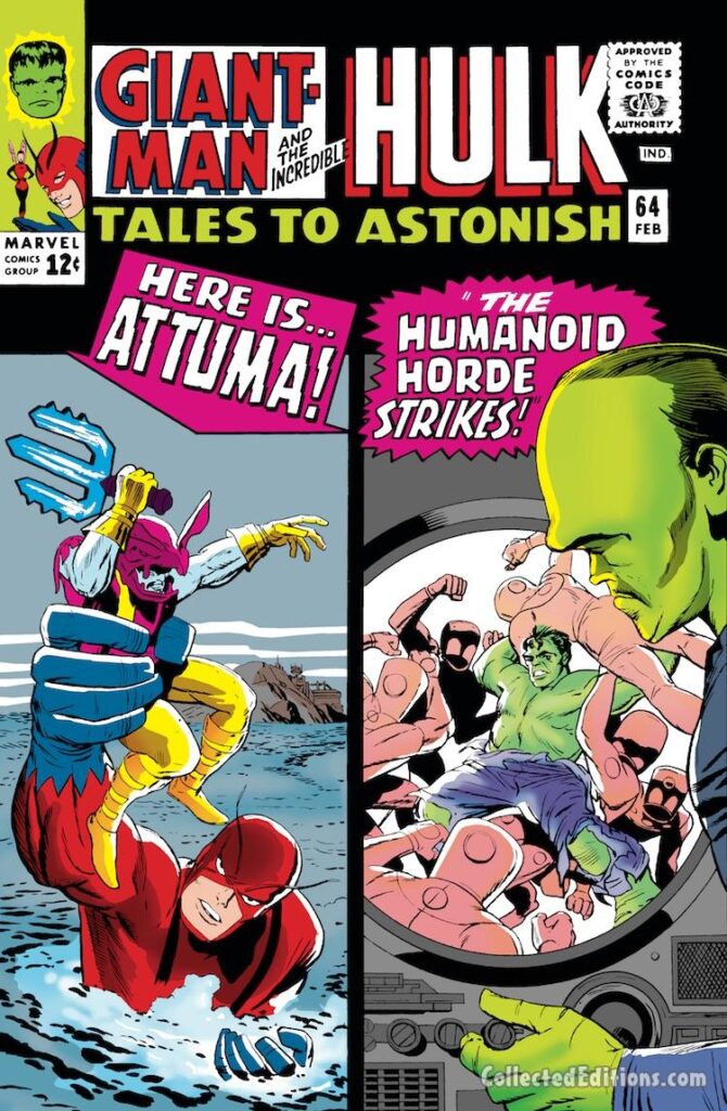 Tales to Astonish #64 cover; pencils, Jack Kirby; inks, Dick Ayers; Ant-Man/Giant-Man/Hank Pym, Wonderful Wasp, Janet Van Dyne; Here Is Attuma