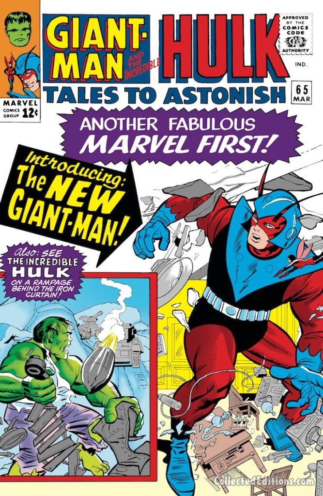 Tales to Astonish #65 cover; pencils, Jack Kirby; inks, Chic Stone; Ant-Man/Giant-Man/Hank Pym, Wonderful Wasp, Janet Van Dyne; New Costume, Marvel Age
