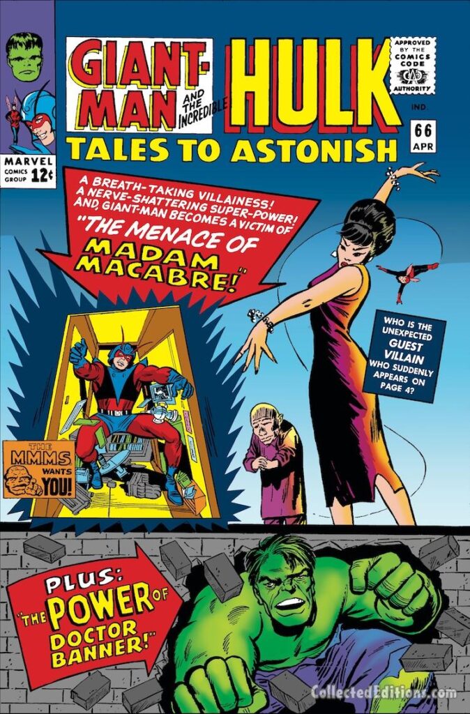Tales to Astonish #66 cover; pencils, Jack Kirby; inks, uncredited; additional art, Bob Powell; Ant-Man/Giant-Man/Hank Pym, Wonderful Wasp, Janet Van Dyne; Madam Macabre, Gogo, Incredible Hulk