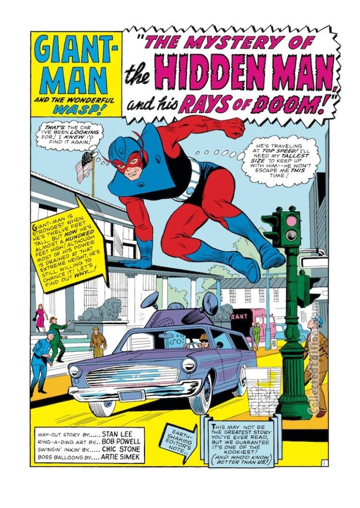 Tales to Astonish #67, pg. 1; pencils, Bob Powell; inks, Chic Stone; The Mystery of the Hidden Man and His Rays of Doom; Stan Lee; Marvel Age, splash page, new costume; Ant-Man/Giant-Man/Hank Pym, Wonderful Wasp, Janet Van Dyne
