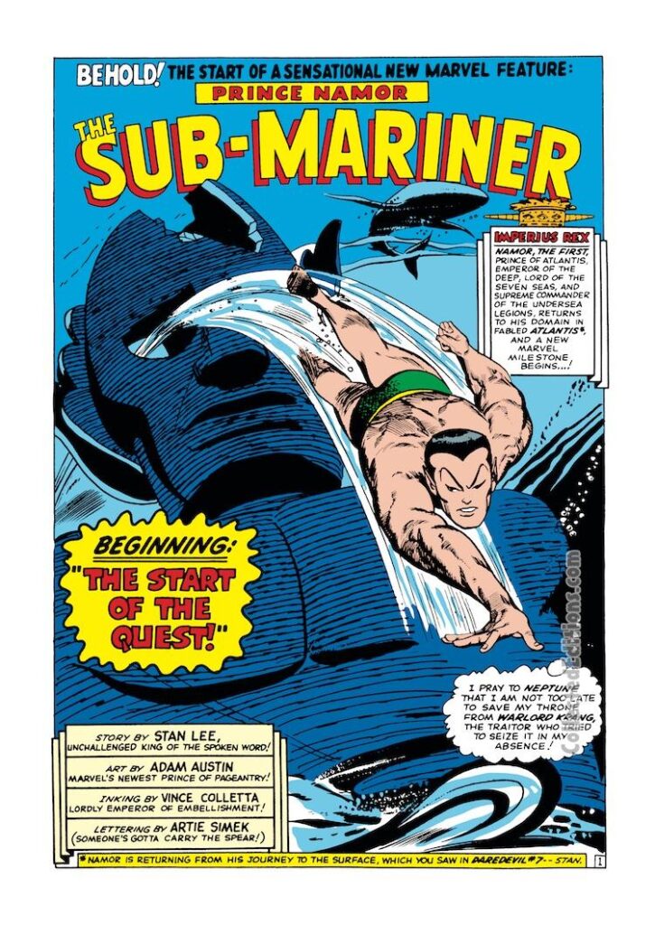 Tales to Astonish #70, pg. 1; pencils, Gene Colan; inks, Vince Colletta; Prince Namor the Sub-Mariner, Stan Lee, Adam Austin, The Start of the Quest