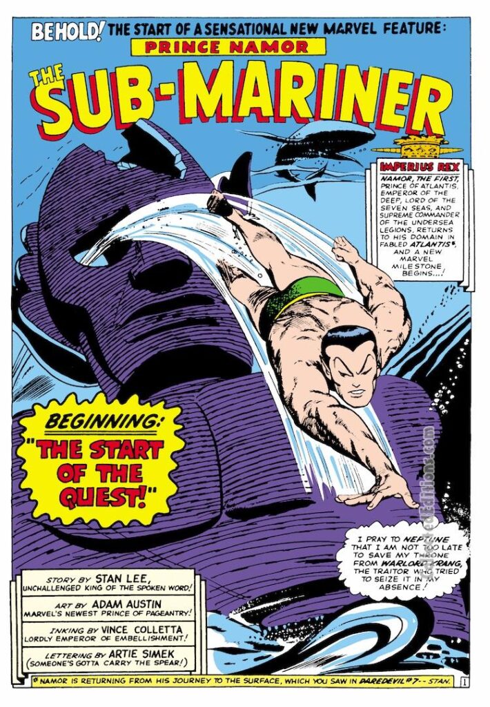 Tales to Astonish #70, pg. 1; pencils, Gene Colan; inks, Vince Colletta; Namor the Sub-Mariner, The Start of the Quest, Stan Lee, Adam Austin