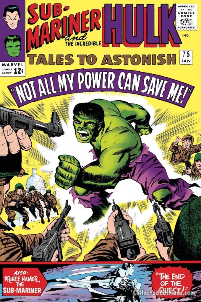 Tales to Astonish #75 cover; pencils, Jack Kirby; inks, Sol Brodsky; inset, Gene Colan and Vince Colletta; Sub-Mariner, Hulk, The End of the Quest