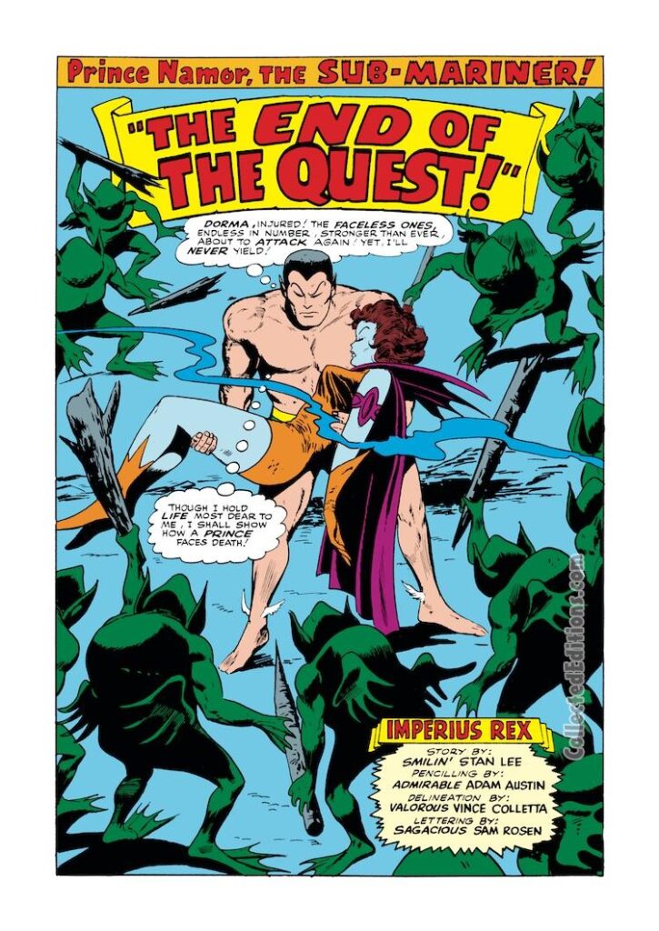 Tales to Astonish #75, pg. 1; pencils, Gene Colan; inks, Vince Colletta; The End of the Quest, Faceless Ones, Lady Dorma, Prince Namor, Sub-Mariner