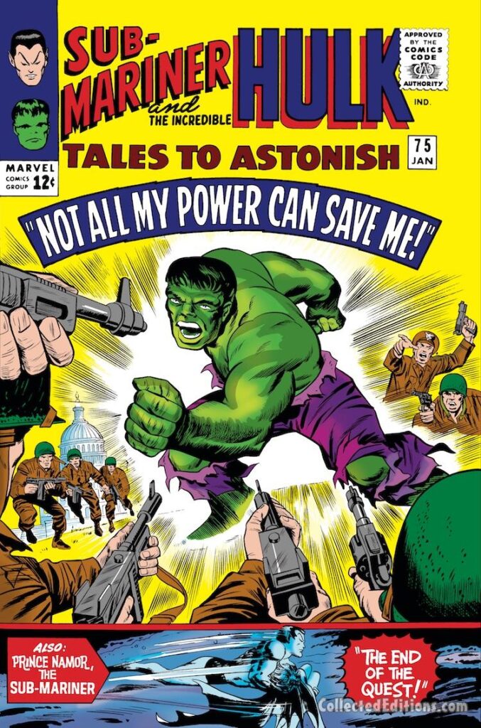 Tales to Astonish #75 cover; pencils, Jack Kirby; inks, Sol Brodsky; inset, Gene Colan and Vince Colletta; The End of the Quest, Prince Namor, the Sub-Mariner