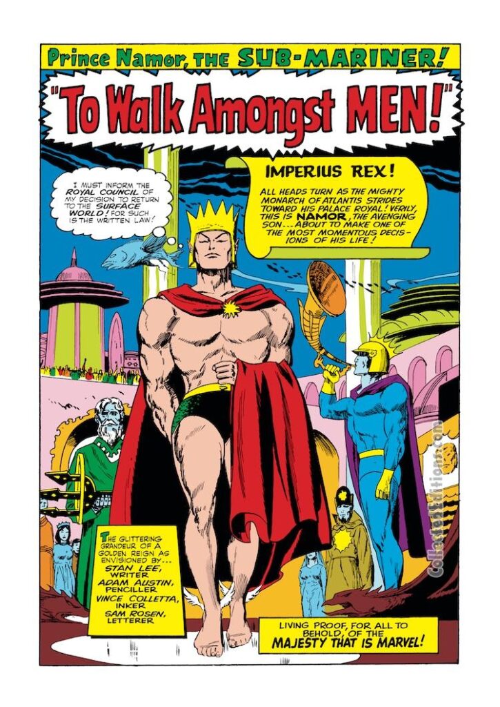 Tales to Astonish #77, pg. 1; pencils, Gene Colan; inks, Vince Colletta; To Walk Amongst Men, Imperius Rex, Prince Namor, the Sub-Mariner