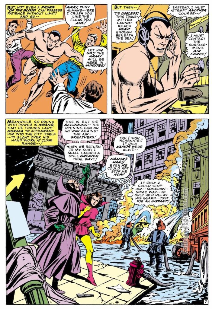 Tales to Astonish #86, pg. 7; pencils, Jerry Grandenetti; inks, Bill Everett, Warlord Krang, Lady Dorma, New York City tidal wave, Stan Lee