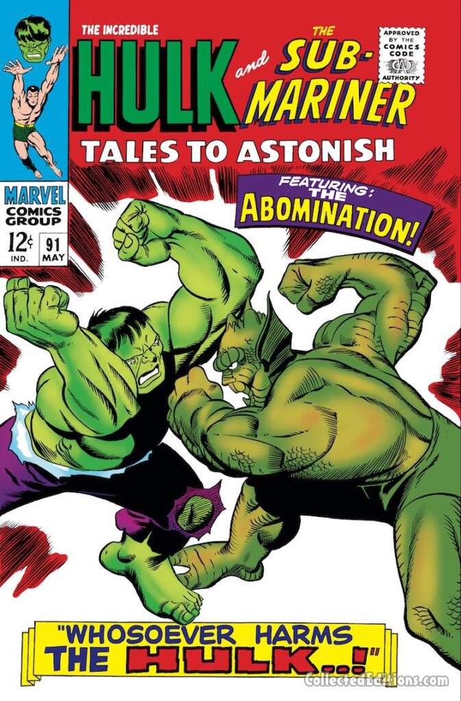 Tales to Astonish #91 cover; pencils and inks, Gil Kane; Incredible Hulk vs. Abomination, Whosoever Harms the Hulk