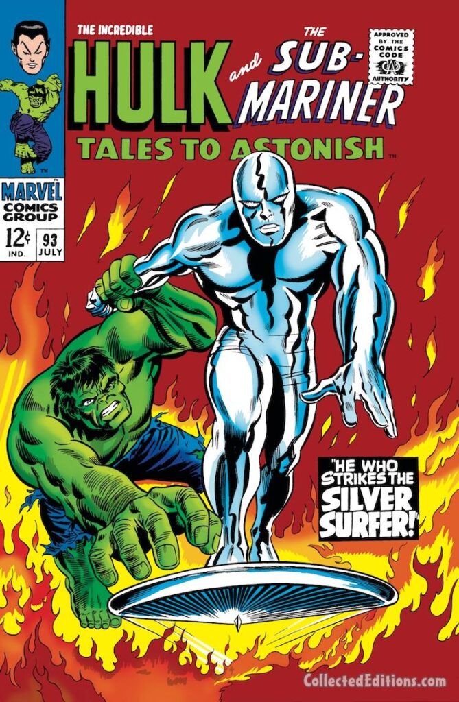 Tales to Astonish #93 cover; pencils, Marie Severin; inks, Frank Giacoia; Incredible Hulk, Silver Surfer