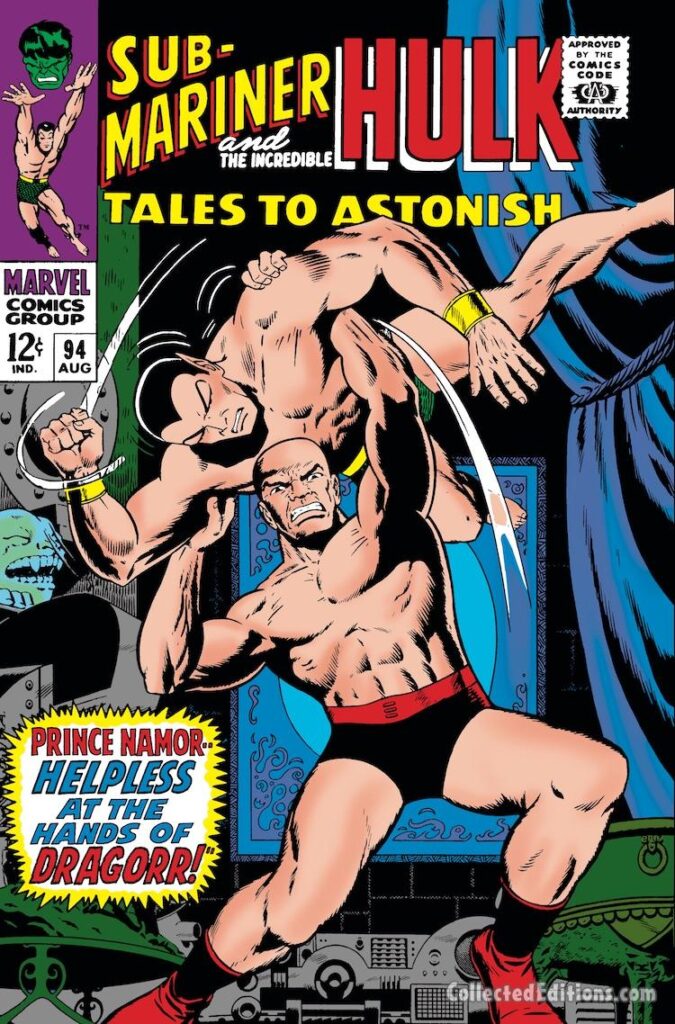 Tales to Astonish #94 cover; pencils and inks, Dan Adkins; Prince Namor, the Sub-Mariner, Helpless at the Hands of Dragorr