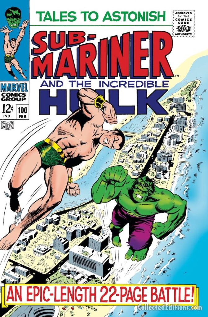 Tales to Astonish #100 cover; pencils, Marie Severin; inks, Dan Adkins; Prince Namor the Sub-Mariner, Incredible Hulk, Epic-Length 22-page battle