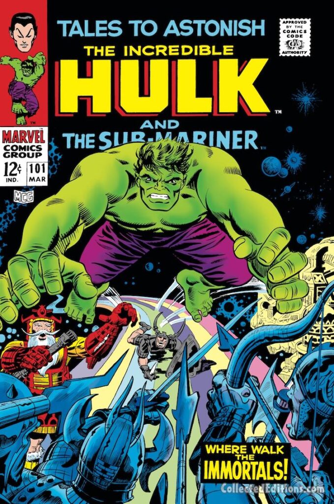 Tales to Astonish #101 cover; pencils, Marie Severin, Jack Kirby; inks, Frank Giacoia, Syd Shores; Where Walk the Immortals, Incredible Hulk, Asgard, Odin, Heimdall