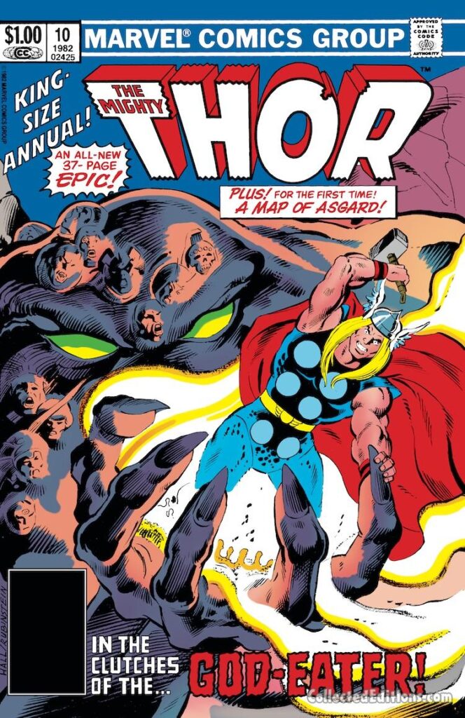 Thor Annual #10 cover; pencils, Bob Hall; inks, Joe Rubinstein; In the clutches of the God-Eater; A map of Asgard