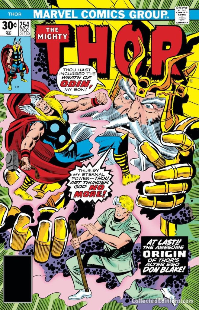 Thor #254 cover; pencils, Jack Kirby; inks, John Verpoorten; Origin of Thor/Don Blake