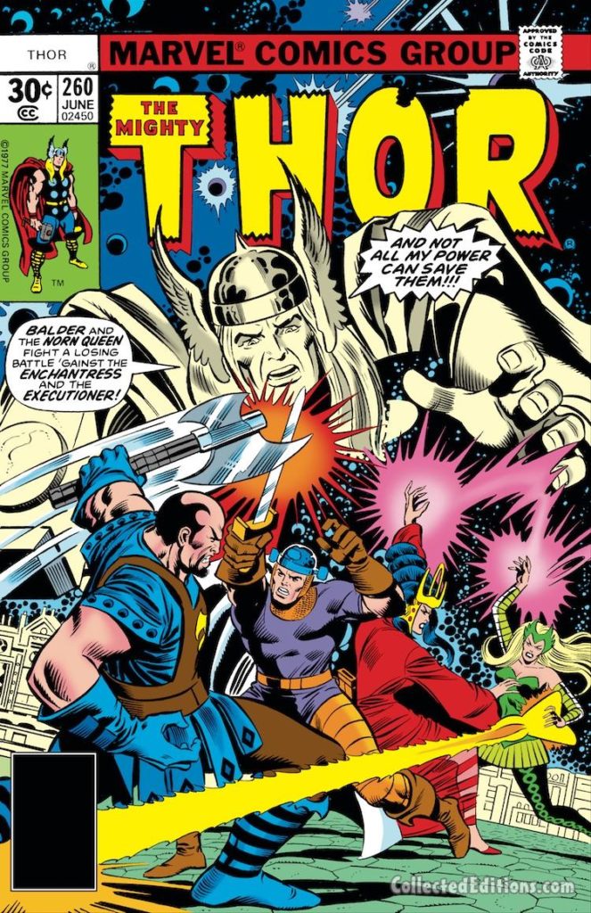 Thor #260 cover; pencils, Walter Simonson; Balder, Executioner, Enchantress