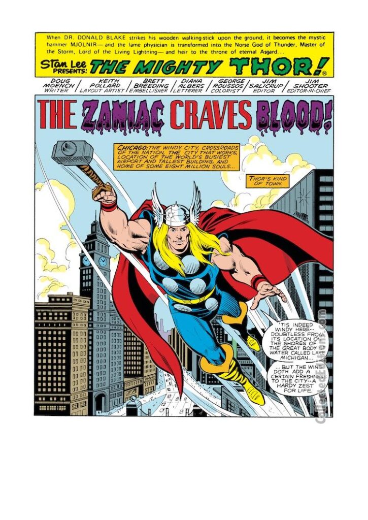 Thor #319, pg. 1; layouts, Keith Pollard; pencils and inks, Brett Breeding; The Zodiac Craves Blood, Doug Moench, splash page