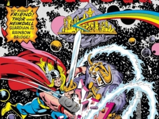 Thor #322 cover; pencils, Ed Hannigan; inks, Al Milgrom; To fight a friend; Heimdall vs. Thor; Guardian of the Rainbow Bridge, Asgard