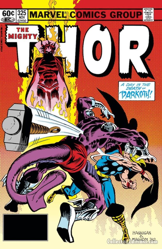 Thor #325 cover; pencils, Ed Hannigan; inks, Al Milgrom; A day in the death of Darkoth, Mephisto