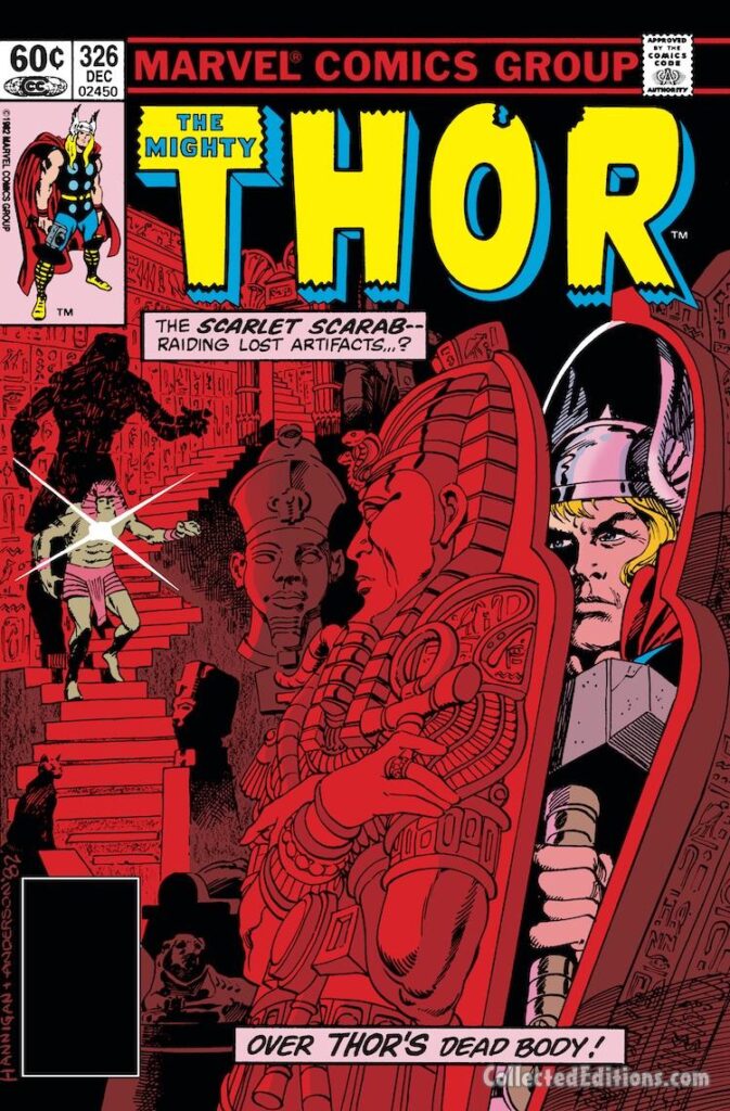 Thor #326 cover; pencils, Ed Hannigan; inks, Brent Anderson; Scarlet Scarab, sarcophagus