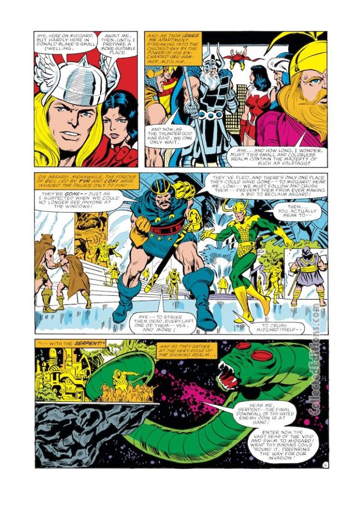 Thor #327, pg. 4; pencils, Alan Kupperberg; inks, Jim Mooney; Tyr, Loki, Serpent
