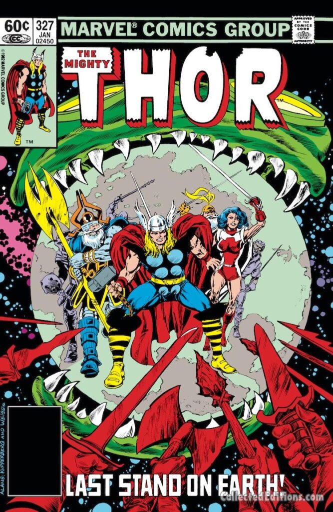 Thor #327 cover; pencils, Alan Kupperberg; inks, Alan Weiss; Last Stand on Earth, Odin, Sif, Midgard Serpent