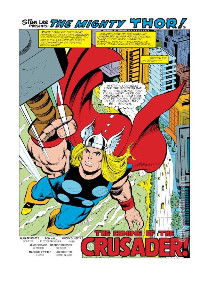 Thor #330, pg. 1; pencils, Bob Hall; inks, Vince Colletta; Alan Zelenetz, The Coming of the Crusader, splash page, hammer, Mjolnir