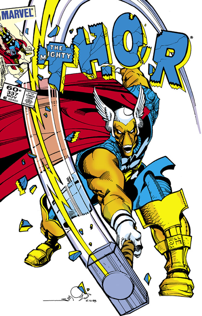 Thor #337 cover; pencils and inks, Walter Simonson; Beta Ray Bill smashes Mighty Thor logo with hammer