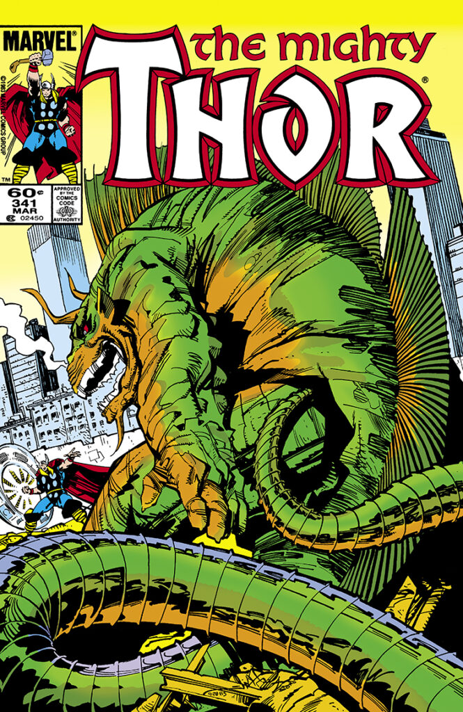 Thor #341 cover; pencils and inks, Walter Simonson; Fafnir