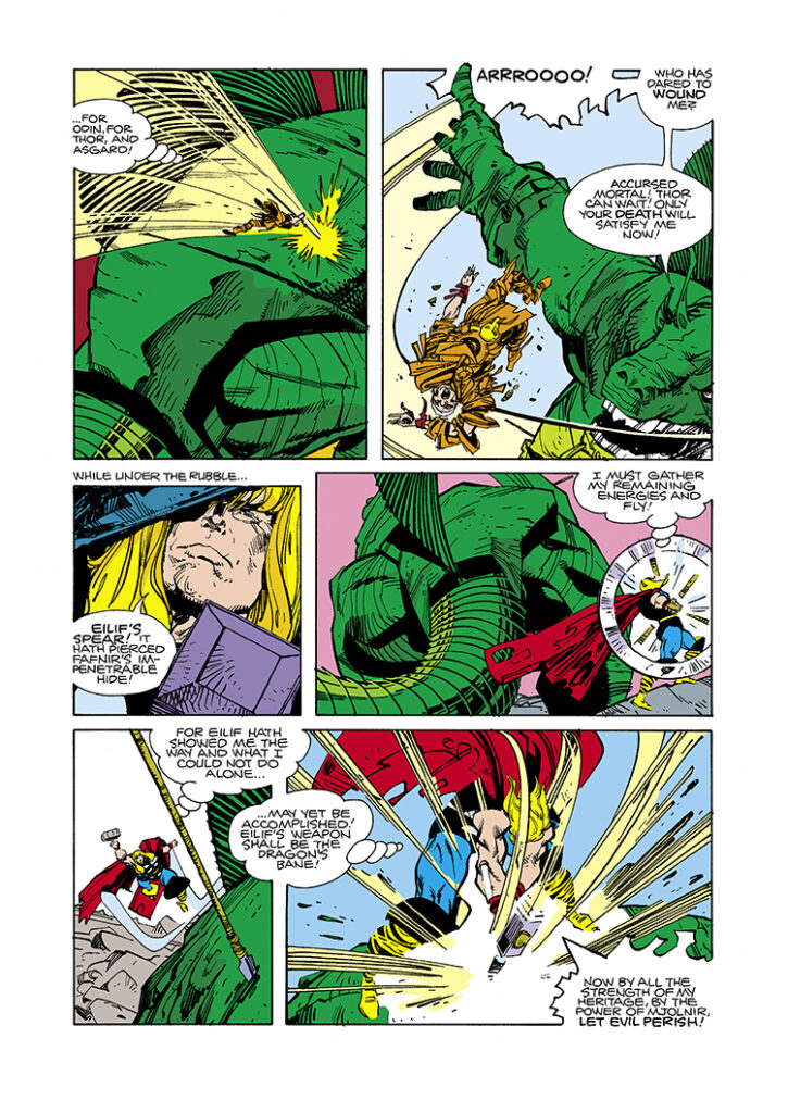 Thor #343, pg. 19; pencils and inks, Walter Simonson; Fafnir, Eilif’s spear