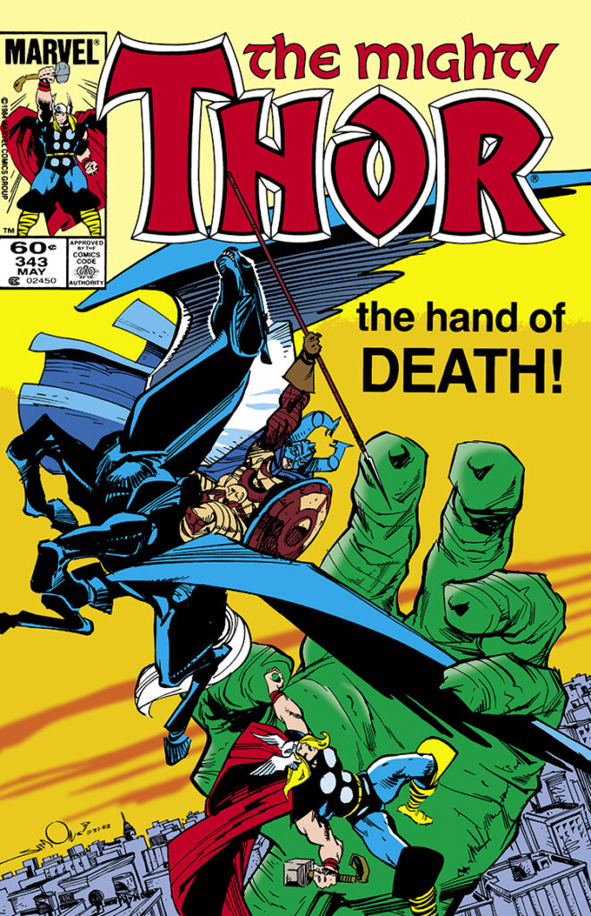 Thor #343 cover; pencils and inks, Walter Simonson; The Hand of Death, Fafnir, Eilif