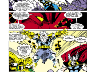 Thor #353, pg. 10; pencils and inks, Walter Simonson Thor #353, pg. 10; pencils and inks, Walter Simonson; Balder the Brave, Odin, Mjolnir, Surtur